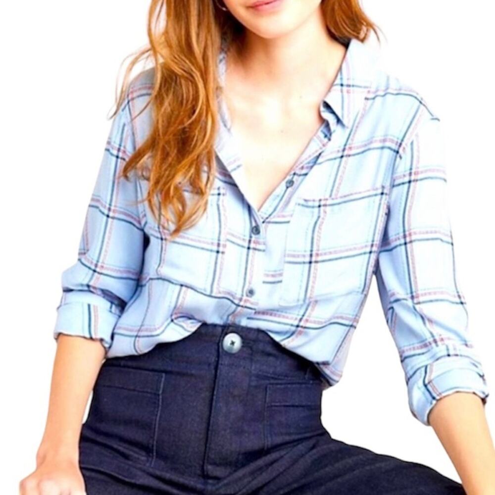 Pilcro Cate Buttondown Shirt Small Blue Plaid Split Back Anthropologie Casual